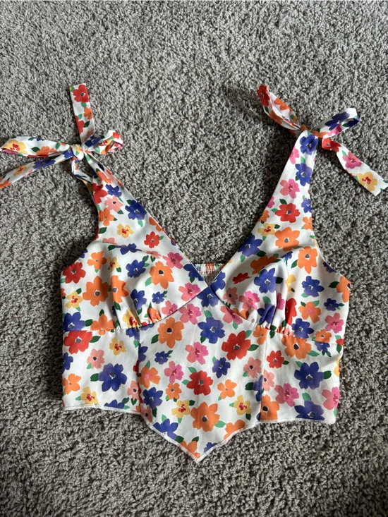 SHEIN Tops - SHEIN White Floral Tie-Front Crop Top with Orange & Purple Blooms